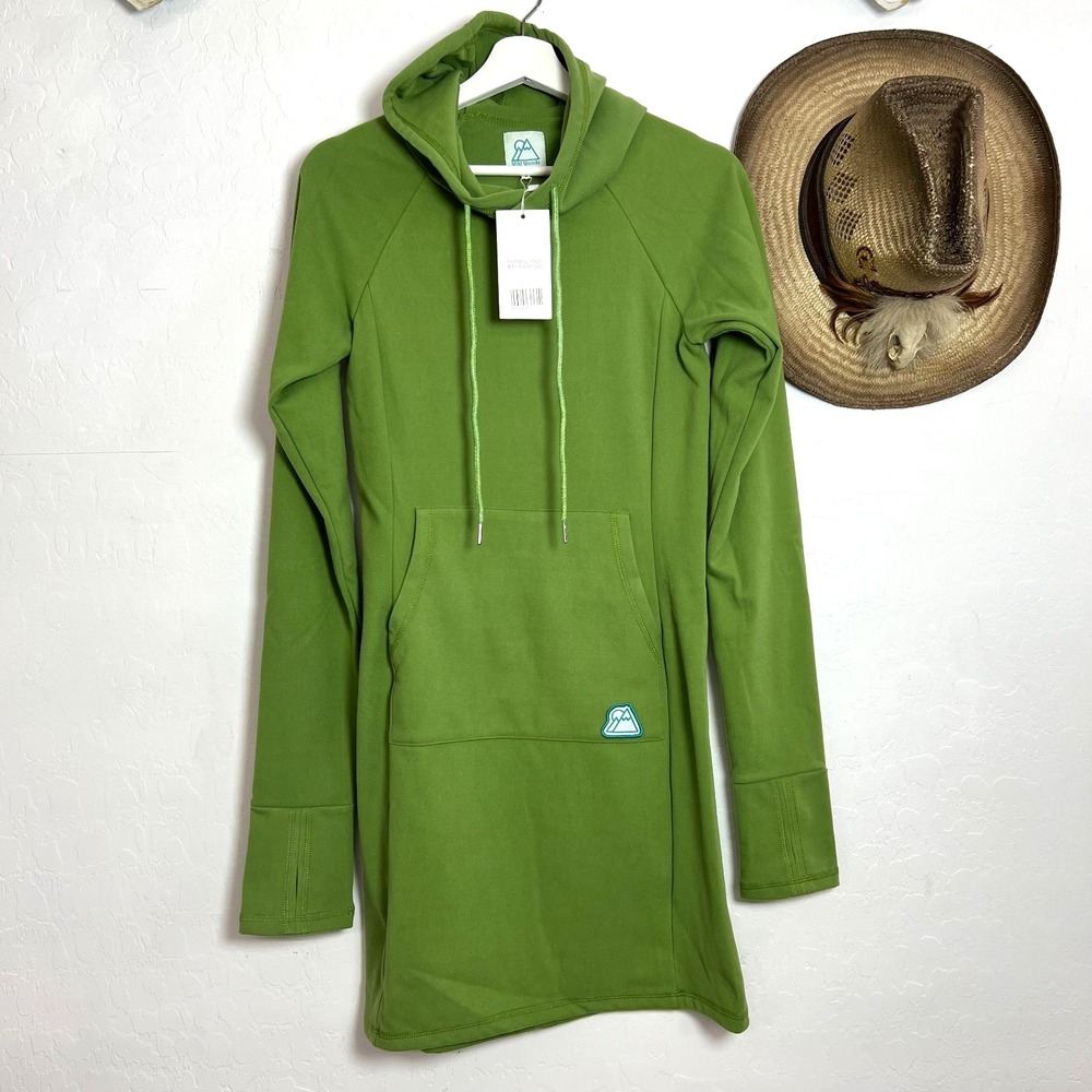 Wild Woods Alpenglow Fleece Dress S Green Hood Pocket NWT Long Sleeve thumbhole